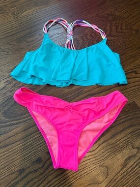 PINK Victoria's Secret Turquoise & Hot Pink Flounce Bikini